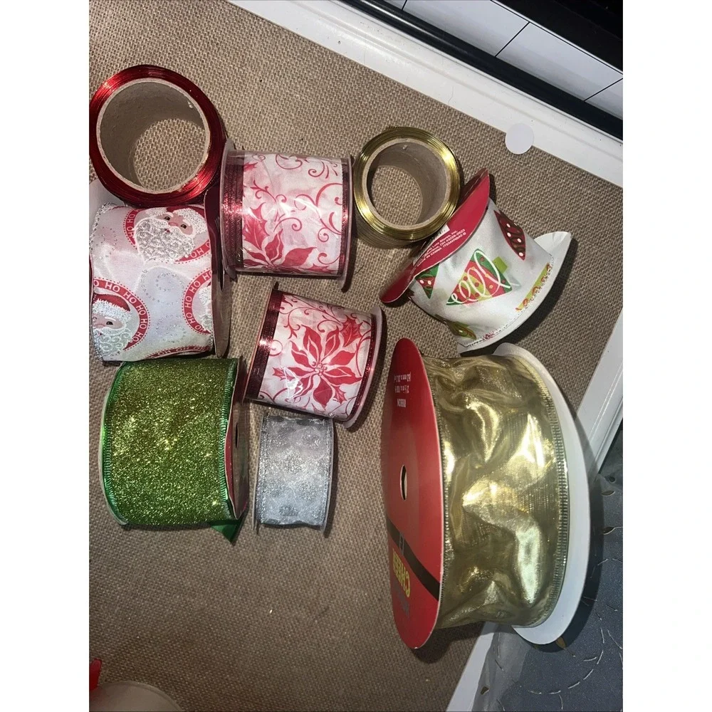 Lot 9 Christmas Ribbon Rolls Wire Edged Glitter Santa Poinsettia Gold Red Green